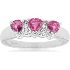 Royal 14K White Gold Pink Sapphire & Diamond Three Stone Ring - 1.00 Carat Sapphire, 0.05 Carat Diamond Total Weight Pink Ruby Ring With Accent Stones For Formal Occasions, Formal Pink Ruby Ring With Accent Stones, Elegant Pink Ring For Anniversary, Elegant Pink Rings For Anniversary, Formal Pink 14k White Gold Jewelry, Elegant Pink Sterling Silver Diamond Ring, Pink Birthstone Promise Ring In Fine Jewelry Style, Elegant Pink Diamond Ring For Anniversary, Pink Ruby Ring With Accent Stones For Promise