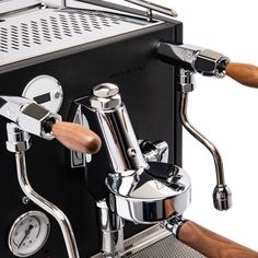 an espresso machine with wooden handles and handlebars