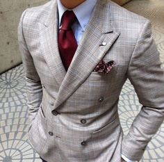 Personally love this one but double breasted doesn't work for everyone. Very sharp but grey may be more of a city suit Gq Style, Plaid Suit, Red Tie