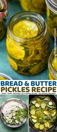 bread and butter pickles recipe in mason jars with text overlay that reads bread and butter pickles recipe