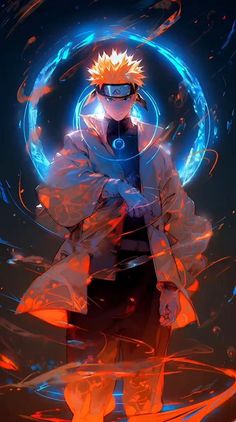 the character naruta is standing in front of an orange and blue circle with flames around