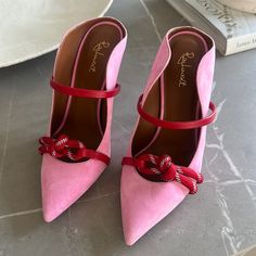 Pink Suede Pumps. Never Worn Outside Pink Almond Toe Heels With Red Sole, Pink Suede Pumps, Pink Suede Heels, Malone Souliers, Pink Suede, Red Accents, Suede Pumps, Suede Heels, Accent Colors