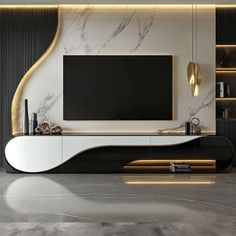 a modern living room with white and black furniture, marble flooring and wall mounted television