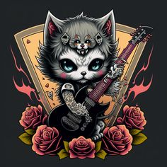 a cat with a guitar and roses on it's chest is shown in this image