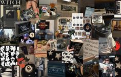 a collage of photos with various items and words on them, including an image of a person holding a cell phone