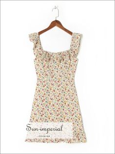 Women’s Floral Square Neckline Mini Dress With Ruffle Detail Sun-Imperial United States Summer Dresses With Printed Ruffled Straps, Summer Dresses With Ruffled Straps And Prints, Summer Beige Mini Dress With Ruffles, Fitted Ruffled Mini Dress For Summer, Fitted Mini Dress With Ruffles For Summer, Fitted Sundress With Ruffle Hem And Square Neck, Fitted Multicolor Dress With Ruffled Straps, Fitted Summer Mini Dress With Ruffled Straps, Summer Mini Dress With Fitted Ruffled Straps