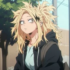 an anime character with blonde hair and blue eyes looking at something in the distance while wearing a black jacket