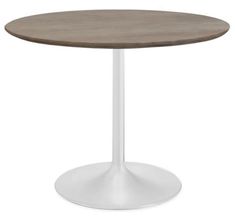 an image of a round dining table with white pedestals and wood grained top