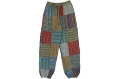 A cool pair of colorful striped patchwork cotton harem style unisex pants. These pants have a loose and free flowing fit - an ideal choice for a fun hippie party or yoga classes. These patchwork pants feature two big side pockets and a back pocket, closed elastic at the ankles and an elastic waist with a drawstring for a perfect and comfortable fit. Pair with a plain t-shirt or a casual shirt for beach or vacation. Ideal for both men and women. - Material: Cotton (100%) - Measurements: - Small/M Casual Patchwork Harem Pants, Casual Multicolor Baggy Harem Pants, Casual Striped Cotton Harem Pants, Casual Multicolor Cotton Harem Pants, Multicolor Baggy Harem Pants Hippie Style, Frill Skirts, Patchwork Pants, Hippie Party, Patterned Pants