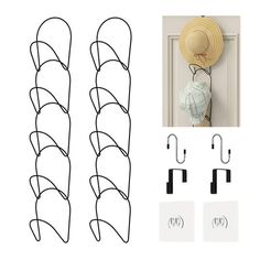 four pairs of hats hang on the wall next to two hooks and one pair of ear clips