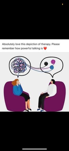 two people sitting on a purple chair talking to each other with their heads in thought bubbles above them