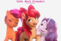 three little ponys sitting next to each other on top of a white background with the caption cutie mark crusaders