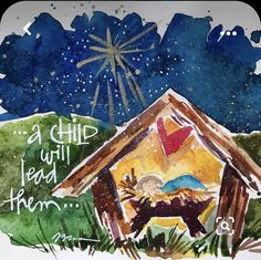 a watercolor drawing of a nativity scene with the birth of jesus