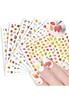 Fall Nail Art Stickers Decals, 6 Sheets 3D Adhesive Nail Slider 650 Patterns Maple Leaf Turkeys Pumpkins Foxes Mushrooms Designs Autumn Thanksgiving Nail Decorations (Fall 6Pcs) Leaf Turkey, Thanksgiving Nail, Nail Art Stickers Decals, Autumn Thanksgiving, Thanksgiving Nails, Mushroom Design, Fall Nail Art, Fall Nail