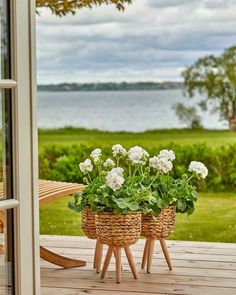 some white flowers are in baskets on a wooden deck near the water and grass outside