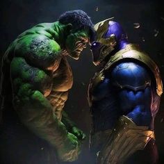 two superheros facing each other in front of a dark background with the hulk logo on it