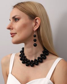 *ready to ship *women necklace & earri̇ng Black Dangle Necklaces For Evening, Black Round Beads Jewelry For Gifts, Black Dangle Necklaces For Party, Elegant Black Bead Drop Earrings, Black Jewelry With Matching Earrings For Evening, Elegant Black Round Beads Jewelry, Black Jewelry Set With Matching Earrings For Evening, Elegant Black Round Beaded Jewelry, Evening Black Bead Drop Earrings