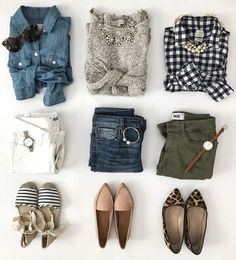 Spring outfit ideas - chambray shirt gingham shirt striped espadrilles leopard flats spring outfits Looks Chic, Chambray Shirt, Mode Vintage, Petite Fashion, Street Styles, Outfits Casuales