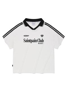 a white shirt with black stripes on the sleeves and chest, that says saintpain club