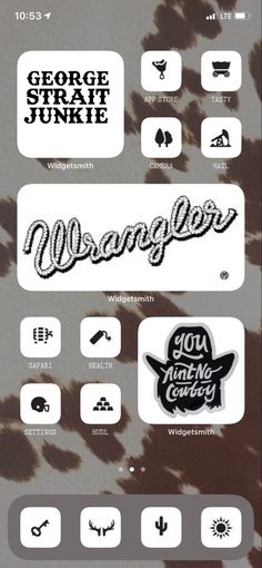 an iphone screen with various stickers and logos on the phone, all in different colors