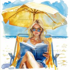 a woman reading a book while sitting in a beach chair under an umbrella on the beach