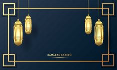 the ramaan kareem greeting card with golden lanterns hanging from gold chains on a dark blue background