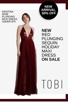 The NEW red plunging sequin holiday maxi dress on sale now. Introducing the formal Kristina Wine Plunging Maxi Dress under $75. Get 50% off this hot new arrival exclusively from TOBI. Grab it now before it sells out! #shoptobi #maxidress #holidaydress Tulle Maxi Dress, Holiday Party Outfit, Black Tie Event