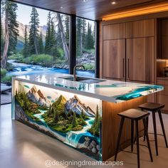 a kitchen with an island in the middle and a painting on the wall behind it