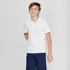 Cat & Jack Boys' Short Sleeve Uniform Polo -  White, XXL(18) Your guy will take on his day with comfort and style with the Short-Sleeve Stretch Pique Uniform Polo Shirt from Cat and Jack . Boasting a breathable and durable pique construction that keeps him cool and comfy, this boys' uniform polo shirt is designed with added spandex that allows him stretchy comfort and easy movement all through the day. Featuring a collared neckline with a two-button placket, this boys' polo shirt adds classic st Summer Cotton Polo Shirt For School, Summer School Cotton Polo Shirt, Fitted Casual Polo Shirt For School, Fitted Cotton Polo Shirt For School, Casual Cotton Polo Shirt For School, Casual Cotton School Polo Shirt, Basic Cotton Polo Shirt For School, Basic Cotton School Polo Shirt, Grey Shirt Dress