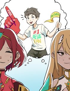 two anime characters one holding a flag and the other wearing a t - shirt that says aefss fan