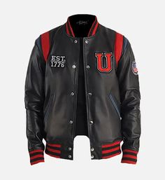 Men's liberate USA black leather varsity jacket by AU LeatherX uplifts your fashion sense with its bold style and stylish design. Featuring an iconic ‘U’ logo in red on the front, streamlined back, and contrasting red patches for an attention-grabbing look. This varsity jacket is characterized by a buttoned closure, stand-up collar, and three functional pockets, bringing utmost class to your outfits. Product specification: Material & Lining: External made with heavyweight sheepskin leather. Inte U Logo, Maroon Leather Jacket, Leather Varsity Jackets, Pink Leather Jacket, Green Leather Jackets, Blue Leather Jacket, White Leather Jacket, Maroon Leather, Varsity Jackets