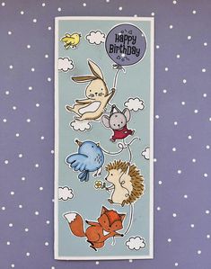 a birthday card with animals and balloons in the sky on a polka dot wallpaper background