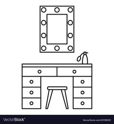 a dressing table with a mirror and stool in the room line art style illustration on white background