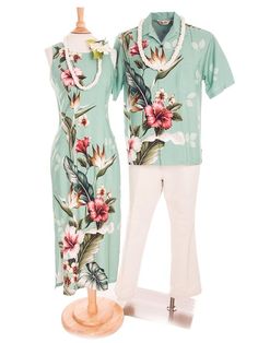 Royal Hawaiian Creations Tropical Flowers Teal Rayon Men's Hawaiian Shirt | AlohaOutlet Hawaiian Party Outfit, Hula Dress, Coconut Bra, Ti Leaf, Luau Dress, Hawaiian Dresses, Hula Skirt, Hawaii Dress, Island Dress