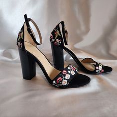 Charlotte Russe Embroidered Floral Faux Black Suede Sandal. 4" Faux Stacked Heel. Embroidered Floral Toe Strap And Ankle. New, Never Worn. Spring Embroidered Fitted Heels, Spring Floral Embroidered Block Heels, Floral Embroidered Fitted High Heels, Floral Embroidery Heels For Summer, Fitted Floral Embroidered High Heels, Spring Party Heels With Embroidery, Party Heels With Floral Embroidery And Block Heel, Floral Embroidered Evening Heels For Spring, Embroidered Round Toe Heels For Spring