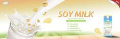 an advertisement for soy milk with splashing liquid and gold coins falling out of it