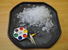 a tray filled with ice cubes and paint brushes