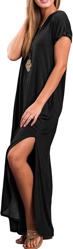 Material: 95% Rayon , 5% Spandex.Stretchy,soft and comfy. Short sleeve,V neck and Backless, Long dress,Pocket,Maxi dress, loose fit. Simple casual style, fit for everyday dressing, wear at home, travel, you can match with your pumps, heels, boot #pregnancyoutfitscasual #pregnancydress #Simplecasualstyle #pregnantstyle #pregnancytraveloutfits #pregnantdinnerdress #pregnancycasualoutfitswinter #womenmaternitydresses #springpregnantoutfitscasual #pregnantoutfitssummerdress Black Maxi Dress Outfit, Print Maxi Dresses, Casual Long Dress, Zara Maxi Dress, Dress Loose Fit, Pocket Maxi Dress, Backless Long Dress