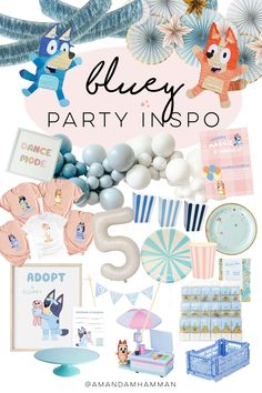 an assortment of party items including balloons, decorations and other items for a birthday party