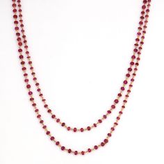 Natural Ruby Rosary Chain in 18k Solid Yellow Gold/Natural Red Color Beads/Bracelet Chain/ Anklet Chain/Red Ruby Necklace Chain/ Gold Chain Product Details > Gemstone - Natural Ruby Beads > Materials - 18k Solid Yellow Gold > Gemstone Shape - Beads >Gemstone Size: 2mm - 5mm Approx > Gemstone weight - 62.34 carats approx > Gross Weight - 18.220 grams approx > Chain Length : 44 inches Approx *Production Time: Generally we keep stock of all products but if by any chance product is sold it takes us Red Single Strand Beaded Bracelet, Red Double Strand Faceted Beaded Necklace, Red Double Strand Beaded Necklace With Faceted Beads, Red Double Strand Faceted Beaded Necklaces, Red Double Strand Beaded Necklace With Polished Beads, Red Double Strand Jewelry With Faceted Beads, Red Rondelle Jewelry With Faceted Beads, Red Rondelle Gemstone Beaded Bracelets, Red Rondelle Beads Jewelry With Faceted Detail