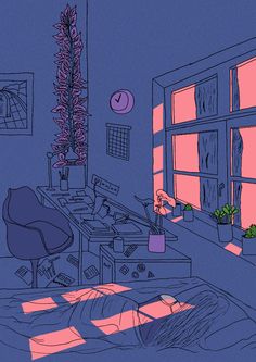 a drawing of a bedroom with pink and blue lighting coming through the window, in front of a computer desk