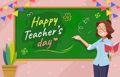 a woman standing in front of a chalkboard with the words happy teacher's day written on it