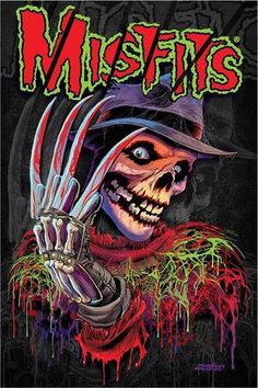 an image of a skeleton wearing a hat and holding a hand with the word misfis on it