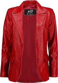 Red Leather Jacket With Button Closure For Winter, Classic Red Leather Jacket With Button Closure, Red Leather Jacket With Button Closure For Fall, Fitted Red Leather Jacket With Button Closure, Red Leather Long Sleeve Blazer, Red Leather Blazer With Long Sleeves, Red Single-breasted Leather Outerwear, Red Leather Jacket With Button Closure For Work, Fall Red Leather Blazer