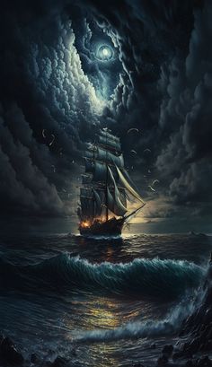 a painting of a ship sailing in the ocean at night with full moon and clouds