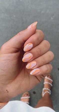 Orange Wavy Nails, Wavy Nails, Acrylic Nails Coffin Short, Short Acrylic Nails Designs, Orange Nails