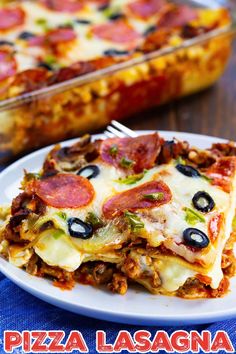 a white plate topped with lasagna covered in cheese and toppings next to a casserole dish