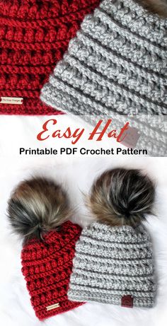 two crocheted hats with pom - poms on them, one is grey and the other is red