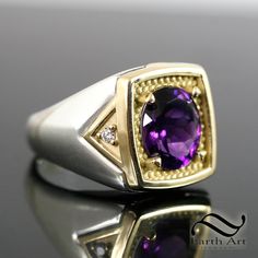 A handsome ring featuring a natural Amethyst in a deep AAA purple in a larger size. I offer up this ring with several different metal options. All rings will feature: ~Fully polished with lightly textured matte finishes in the recessed triangles and top. ~Two natural white diamonds. ~11x9mm natural Amethyst, eye clean, well cut. These stones average about 3.25 carats. ~All metal options are solid. No plating or gold leaf is used here, only solid metals, soldered together using gold and silver so Luxury Purple Elegant Signet Ring, Luxury Purple Signet Ring For Engagement, Luxury Purple Hallmarked Signet Ring, Luxury Classic Amethyst Signet Ring, Hinged Ring, Celebrity Engagement Rings, Earth Art, Amethyst Gem, Purple Band