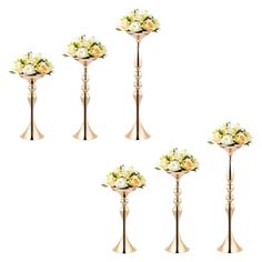 four tall vases with flowers in them on a white background, set of five